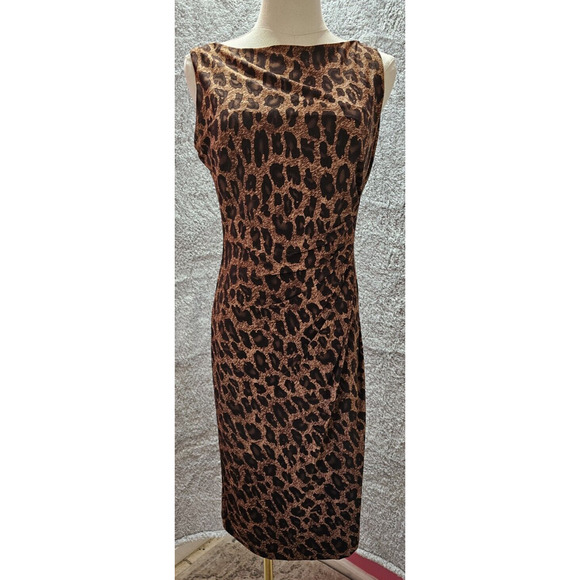 LRL Lauren Ralph Lauren‎ Brown Leopard Cheetah Animal Sheath Bodycon Dress 8 - Picture 1 of 4